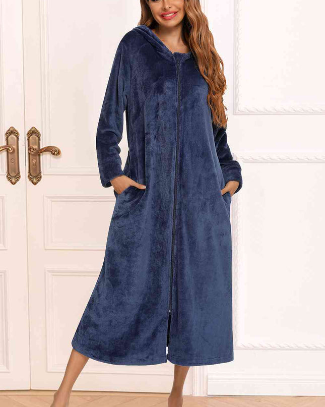 Zip Front Hooded Night Dress with Pockets