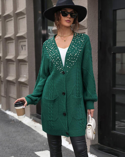 Pearl Detail Cable-Knit Button Up Cardigan