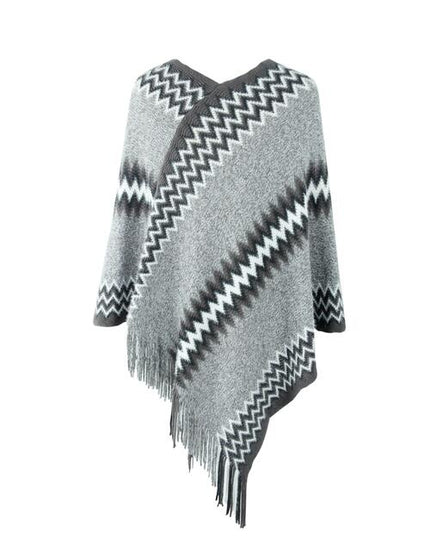 Fringe Hem Striped Cape Sleeve Poncho