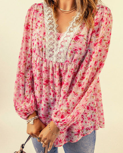 Floral Lace Trim Balloon Sleeve Blouse
