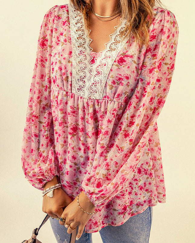 Floral Lace Trim Balloon Sleeve Blouse