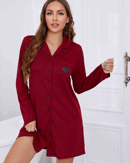 Heart Graphic Lapel Collar Long Sleeve Night Dress
