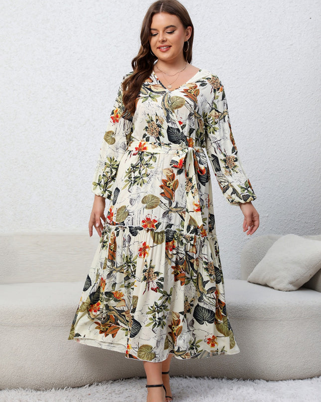Plus Size Floral Tied Balloon Sleeve Midi Dress
