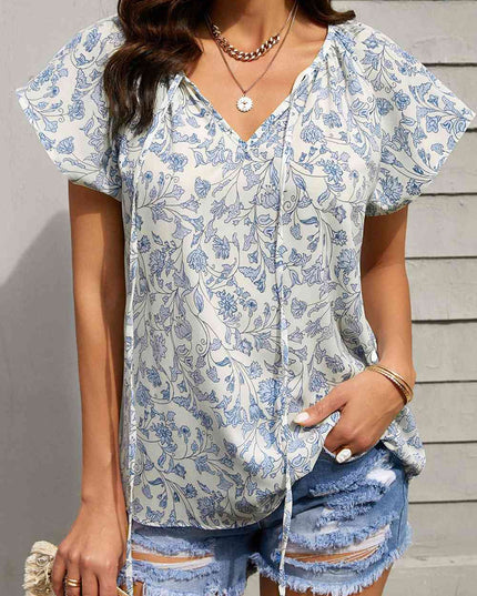 Floral Flutter Sleeve Tie-Neck Blouse