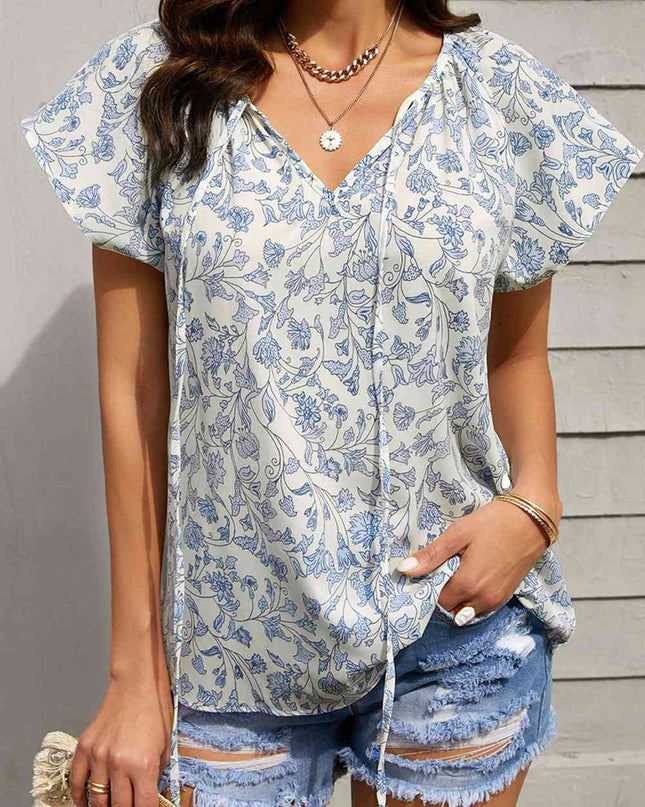 Floral Flutter Sleeve Tie-Neck Blouse