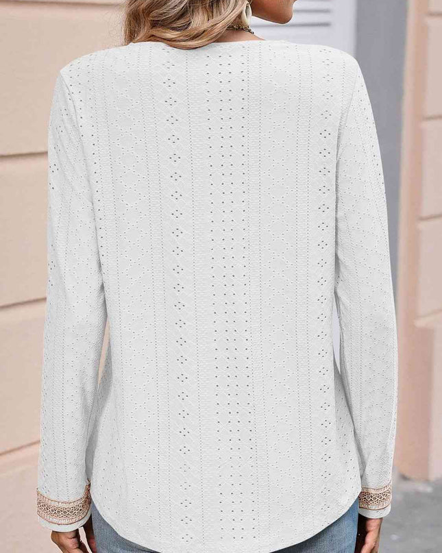 Double Take Contrast V-Neck Eyelet Long Sleeve Top