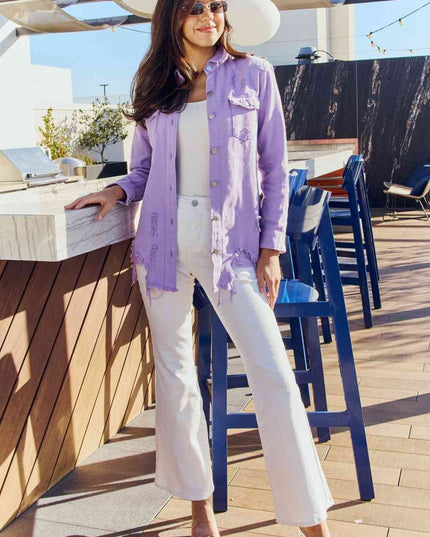 American Bazi Full Size Distressed Button Down Denim Jacket in Lavender