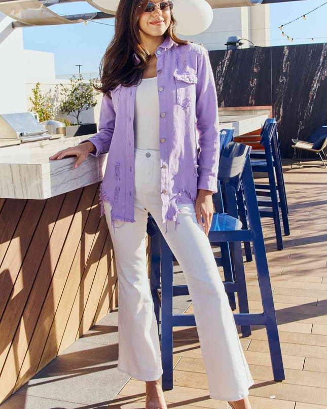 American Bazi Full Size Distressed Button Down Denim Jacket in Lavender