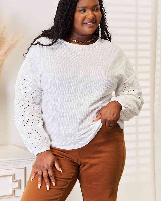Double Take Eyelet Dropped Shoulder Round Neck Blouse