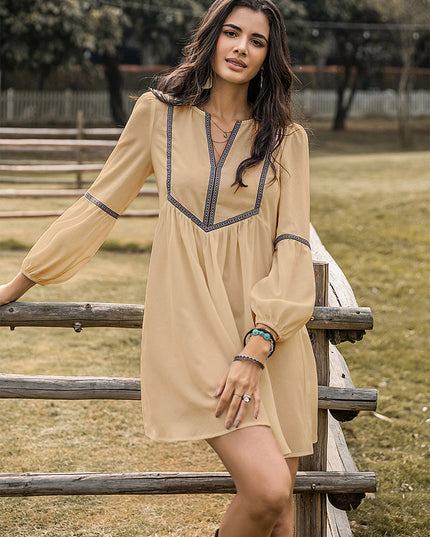 Notched Balloon Sleeve Mini Dress
