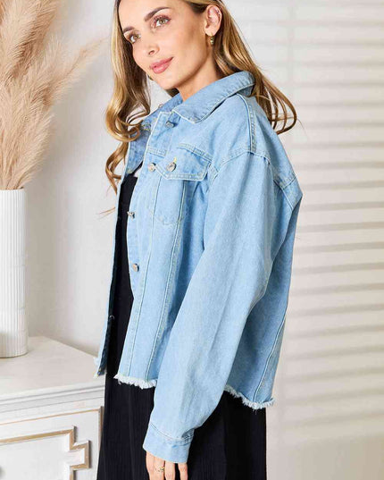 Double Take Dropped Shoulder Raw Hem Denim Jacket