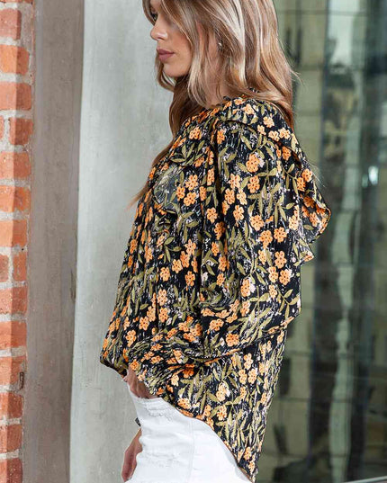 Printed Butterfly Sleeve Tie Neck Blouse