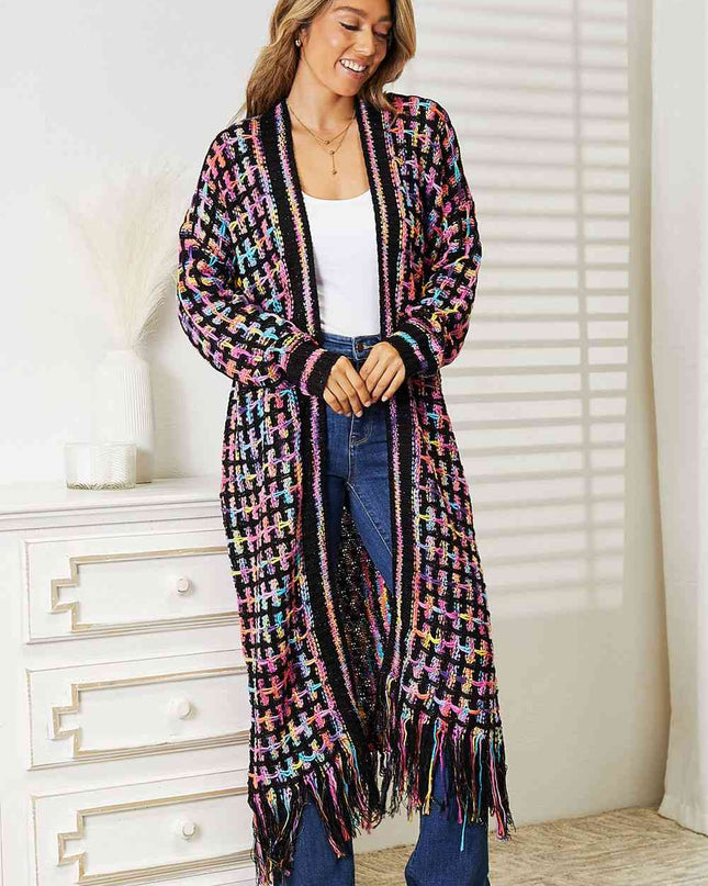 Double Take Full Size Multicolored Open Front Fringe Hem Cardigan