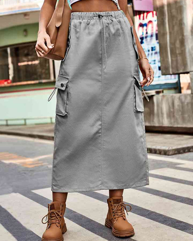 Drawstring Waist Slit Denim Skirt