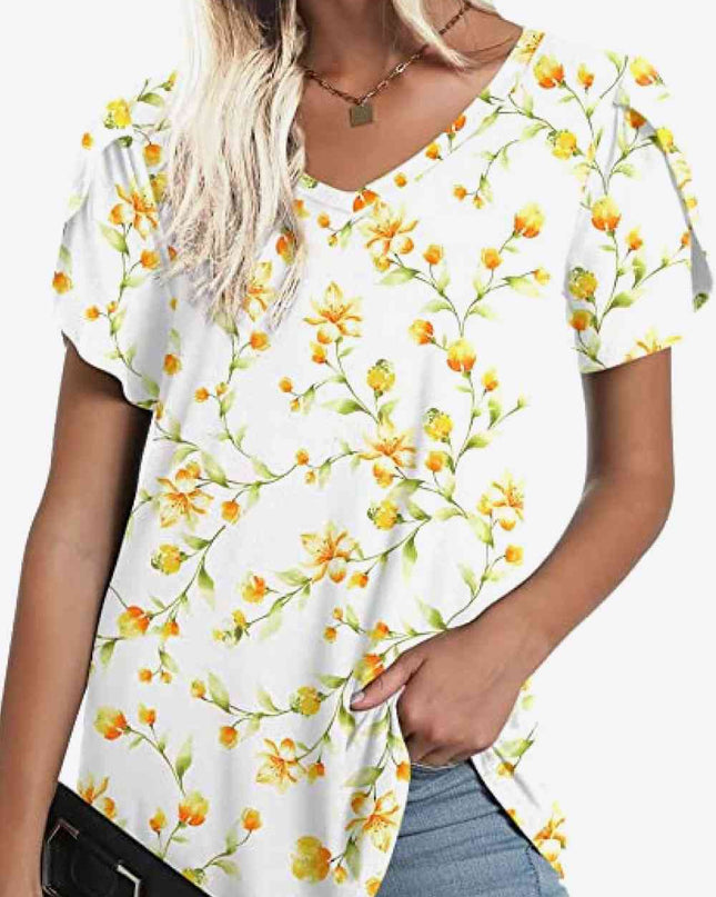 Printed Petal Sleeve V-Neck Blouse