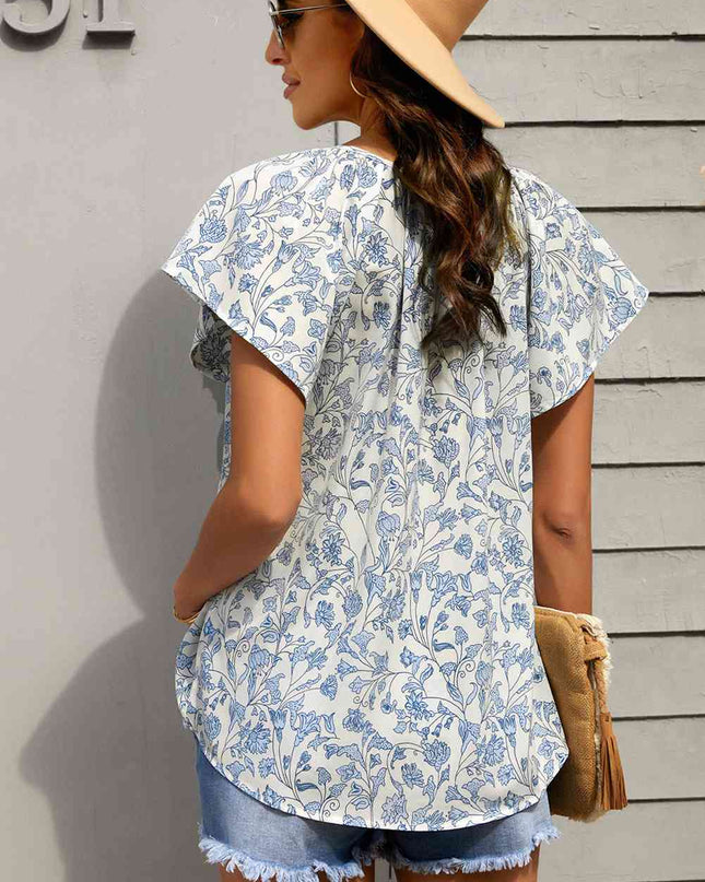 Floral Flutter Sleeve Tie-Neck Blouse