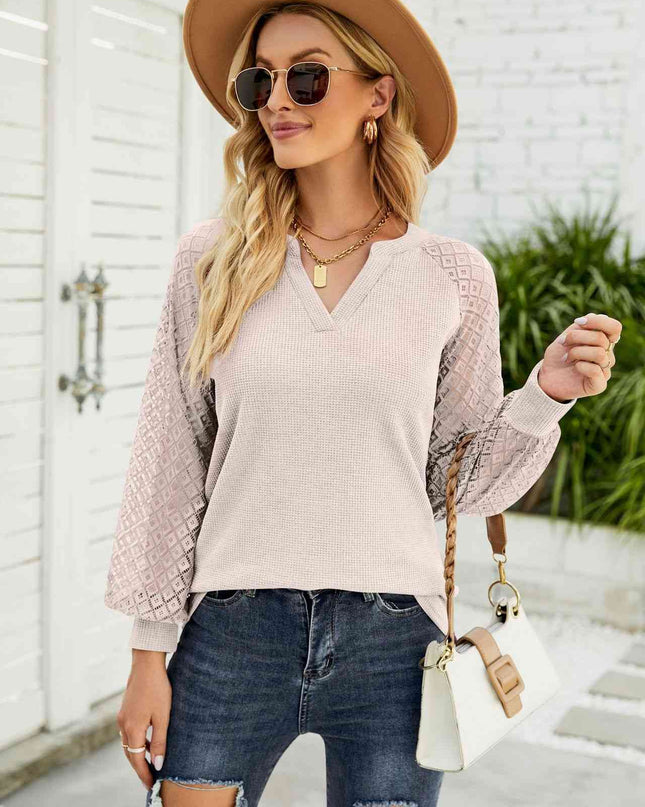 Waffle-Knit Spliced Lace Notched Top