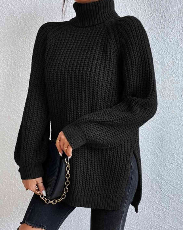 Full Size Turtleneck Rib-Knit Slit Sweater