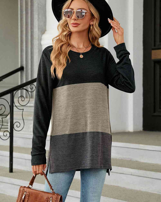 Color Block Round Neck Long Sleeve Slit T-Shirt