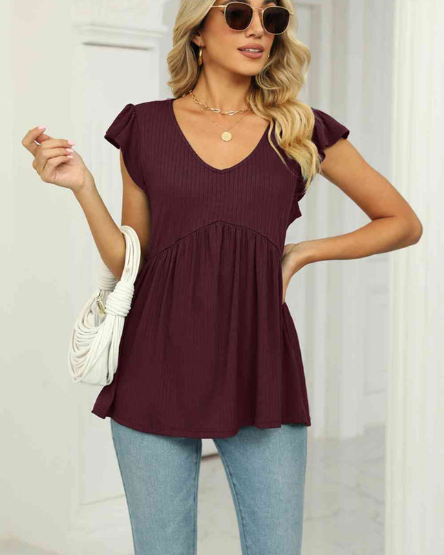 V-Neck Flutter Sleeve Babydoll Blouse