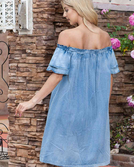 Off-Shoulder Knee-Length Denim Dress