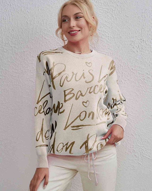 Letter Round Neck Drawstring Sweater
