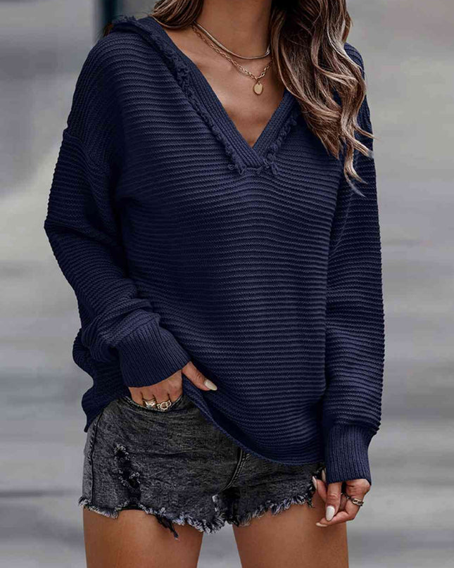 Ribbed Fringed V-Neck Hooded Sweater
