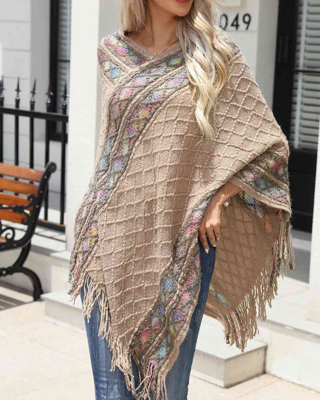 Contrast V-Neck Poncho with Fringes