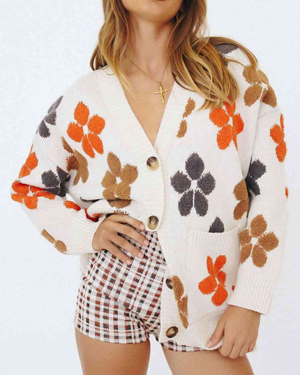 Floral V-Neck Button Up Long Sleeve Cardigan