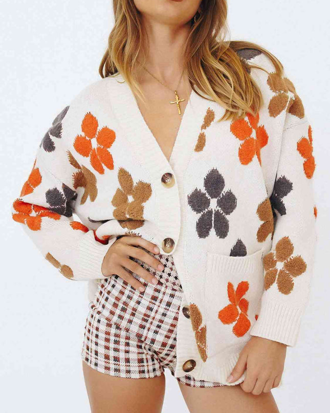 Floral V-Neck Button Up Long Sleeve Cardigan