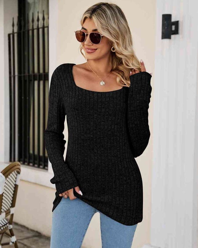 Square Neck Ribbed Long Sleeve T-Shirt