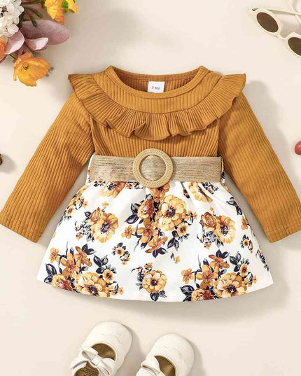 Floral Print Belted Ruffle Trim Short Dress