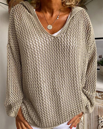 Openwork Hooded Long Sleeve Sweater