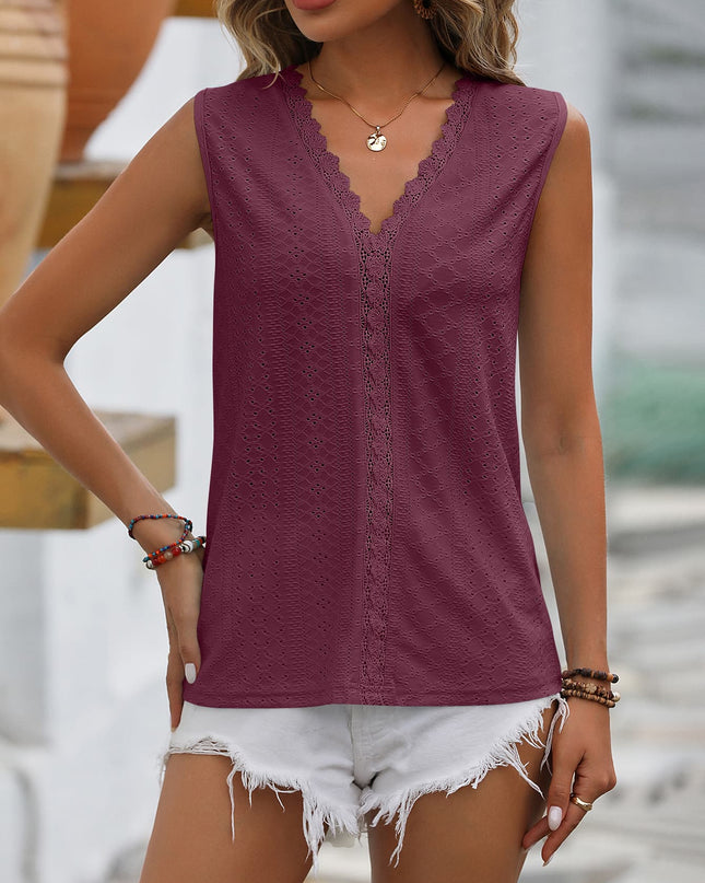 Spliced Lace V-Neck Sleeveless Tank