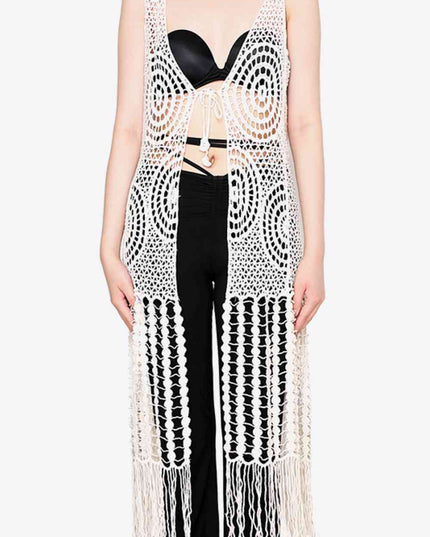 Tie Front Fringe Hem Sleeveless Cover Up