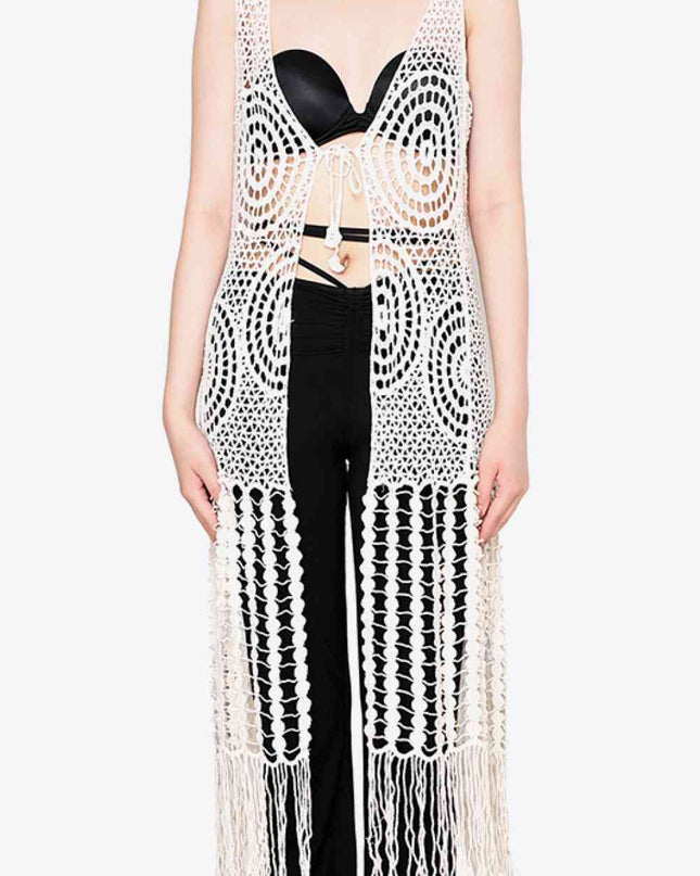 Tie Front Fringe Hem Sleeveless Cover Up