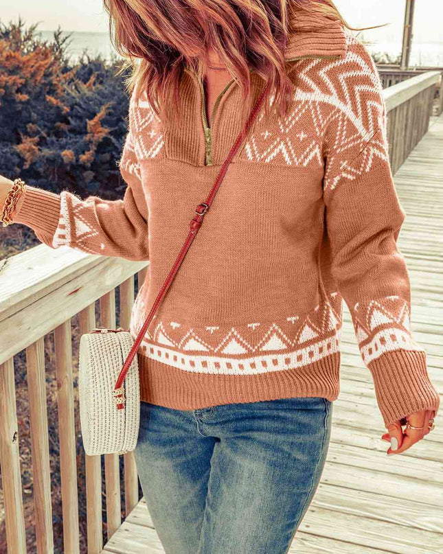 Zip-Up Mock Neck Dropped Shoulder Pullover Sweater