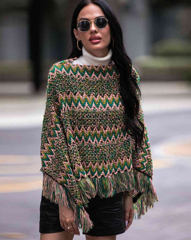 Fringe Hem Boat Neck Poncho