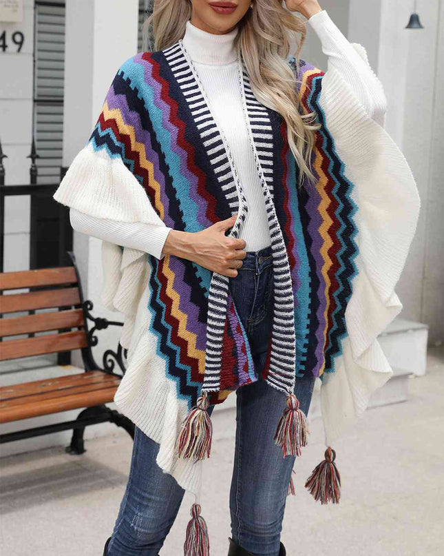 Striped Open Front Poncho with Tassels