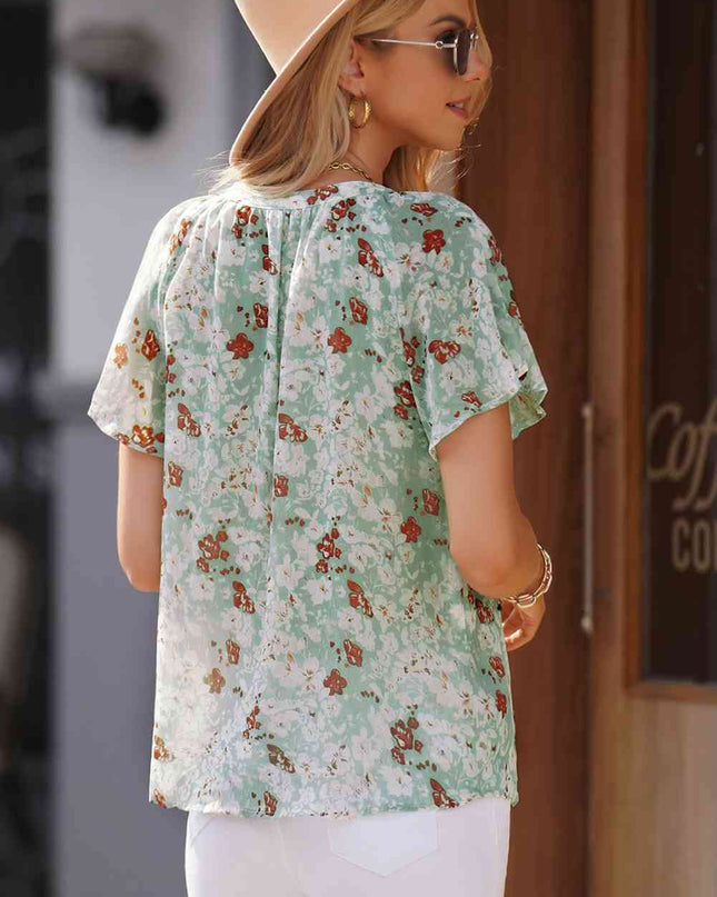 Floral Notched Neck Flutter Sleeve Blouse
