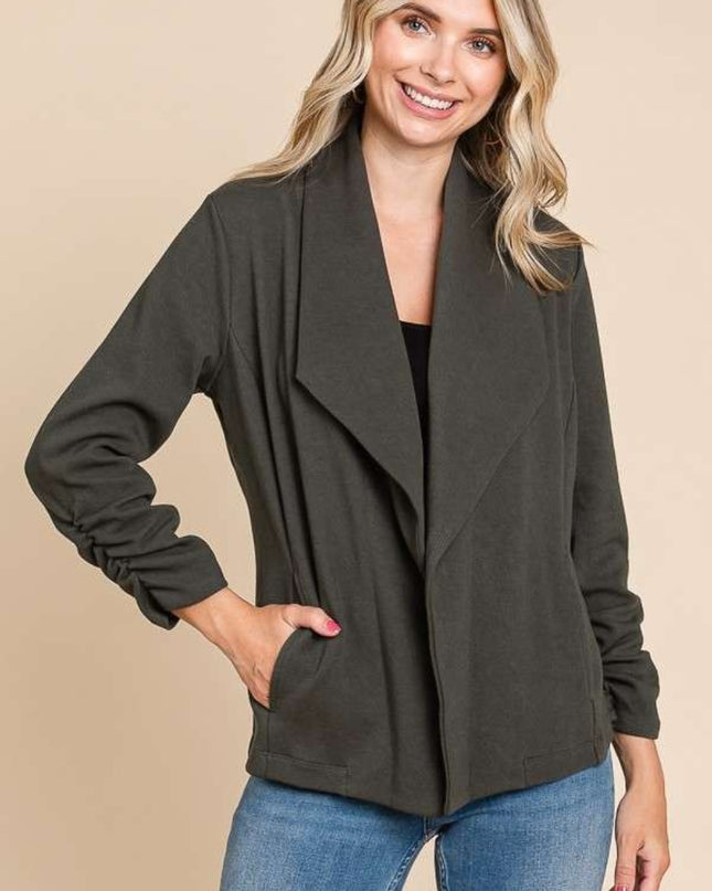 Culture Code Full Size Ruched Open Front Long Sleeve Jacket