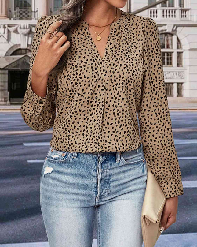 Leopard Notched Neck Puff Sleeve Blouse