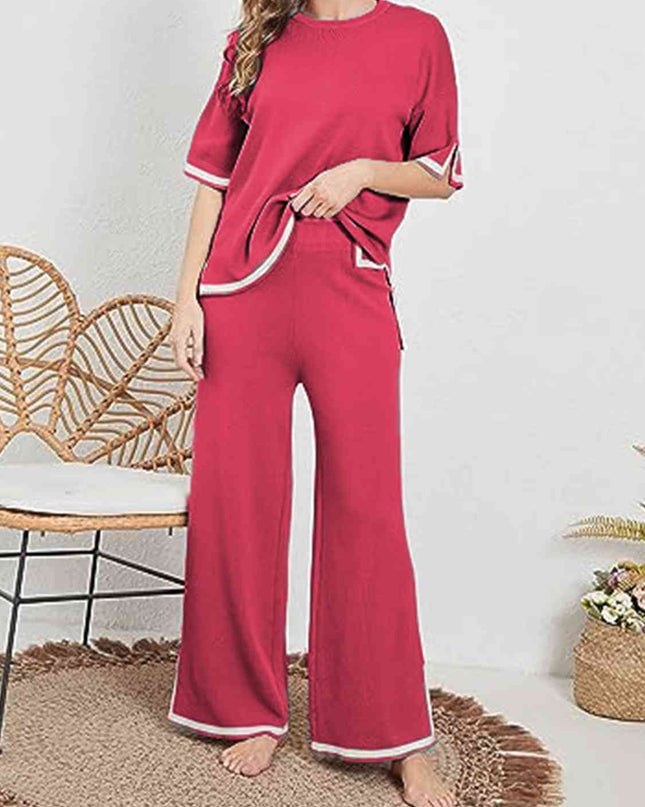 Contrast High-Low Sweater and Knit Pants Set