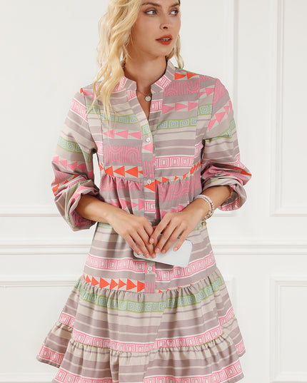 Tiered Notched Balloon Sleeve Buttoned Dress