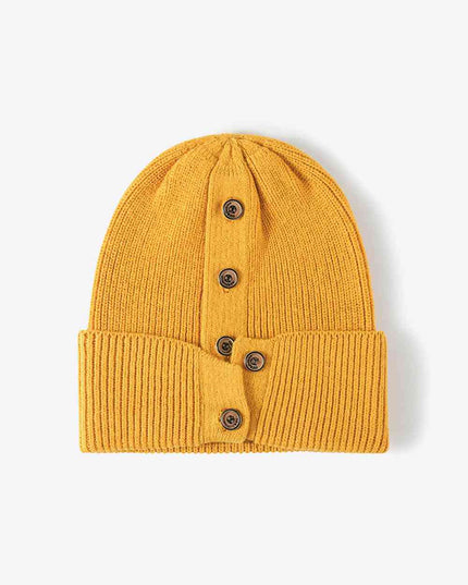 Button Detail Rib-Knit Cuff Beanie