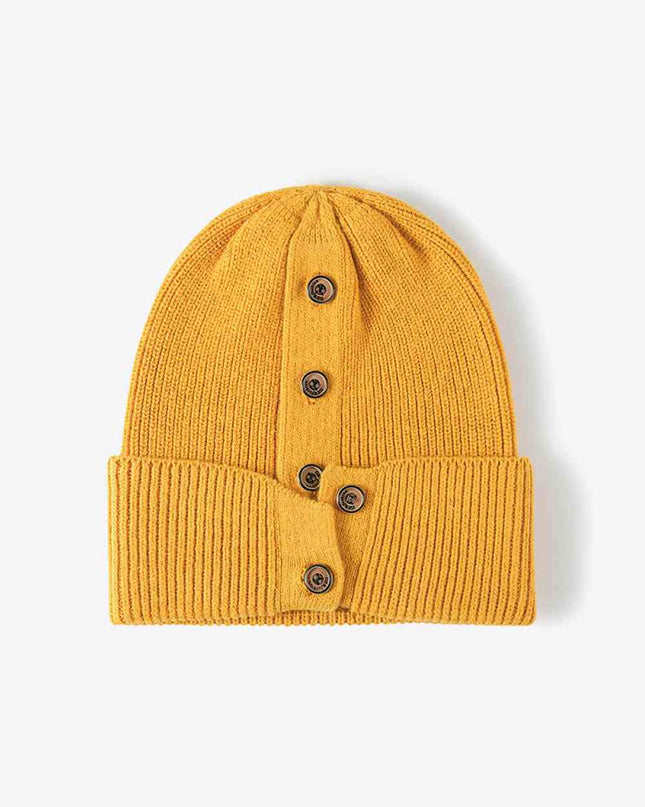 Button Detail Rib-Knit Cuff Beanie