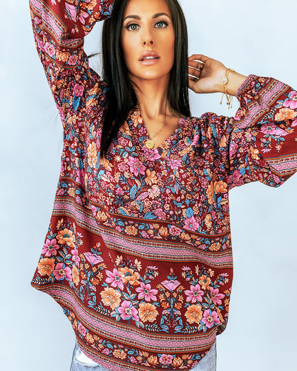 Bohemian Balloon Sleeve Notched Neck Blouse