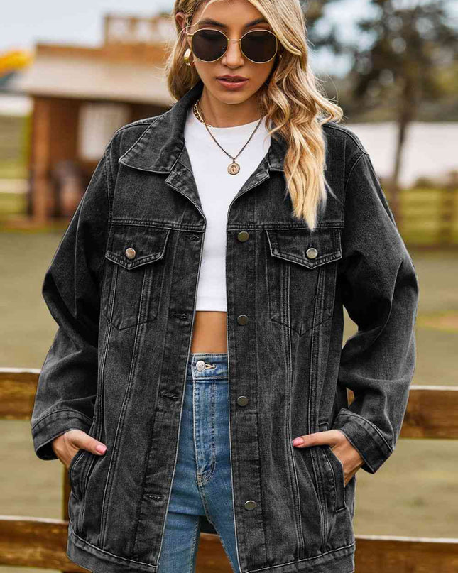 Buttoned Collared Neck Denim Jacket with Pockets
