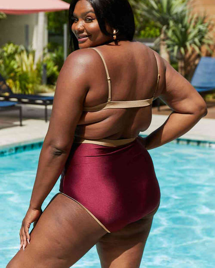 Marina West Swim Wave Break Contrast Trim One-Piece in Wine