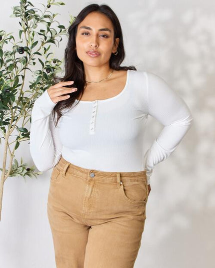 Heimish Full Size Ribbed Half Snap Long Sleeve Bodysuit